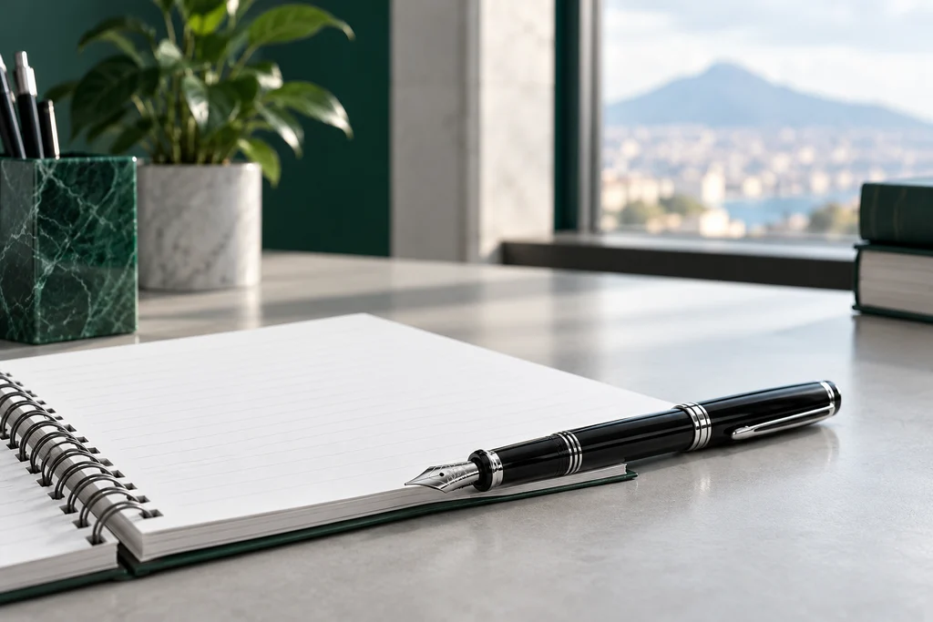 Un quaderno aperto e una penna stilografica sul tavolo dello studio